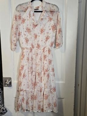 Vince Camuto XL Floral Tiered Ruffle Midi Dress Boho Cottagecore Sheer